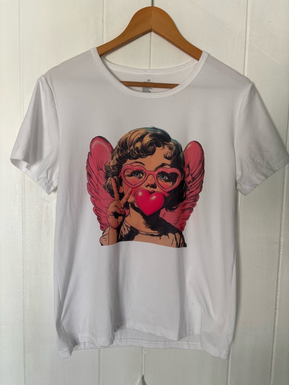 Adults White Graphic Tee with Pink Heart Angel Design